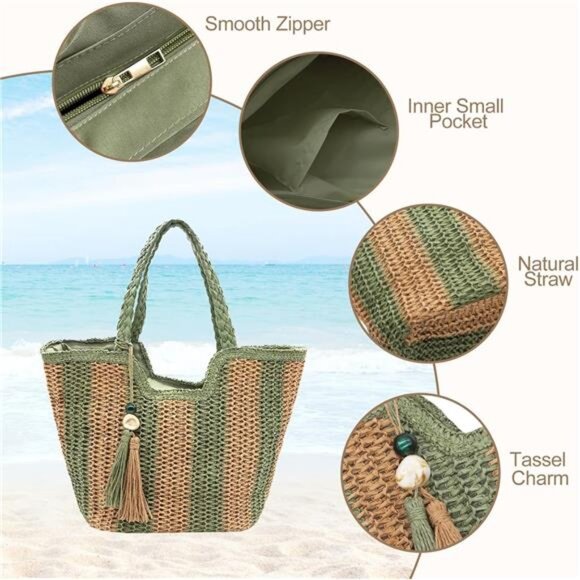 Women Straw Beach Bag Large Khaki Green - Picture 3 of 7